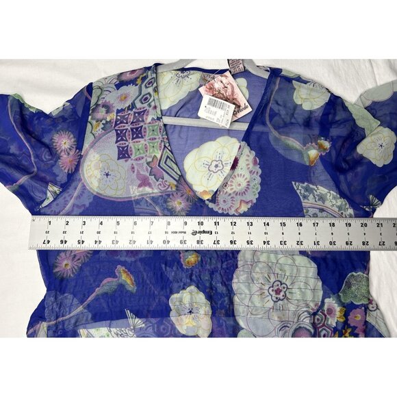 Pink Mode Kimono Tunic Top Womens 1X Blue Floral Sheer Tie Back Cover Up Boho - Picture 13 of 15